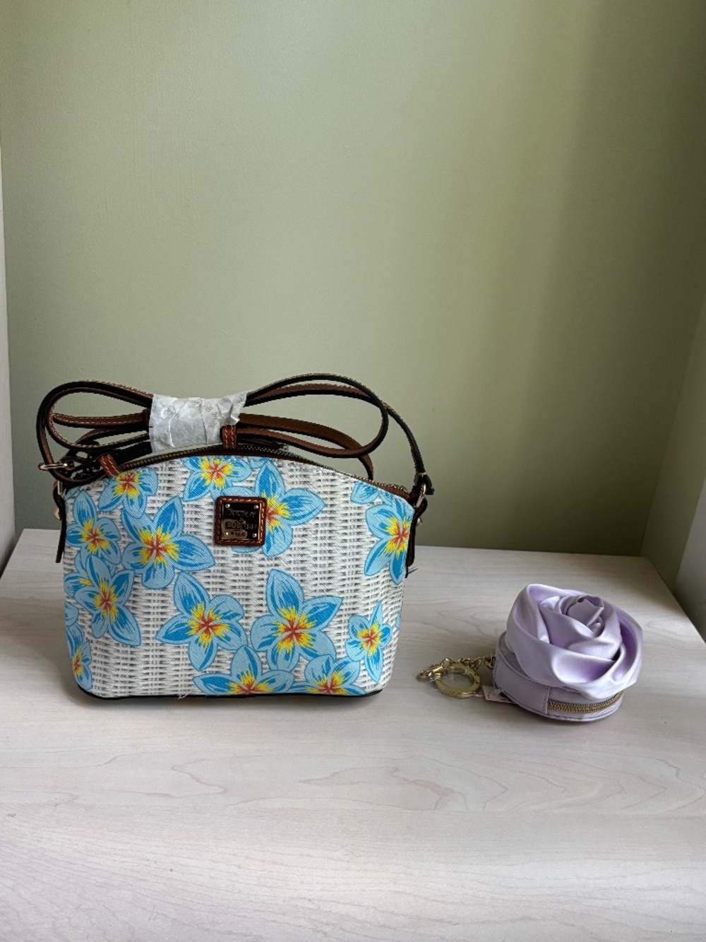 New Dooney & Bourke Blue Floral Cotton Coated Crossbody &Leather Handle & Rose